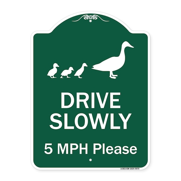 Drive Slowly 5 Mph Please W/ Duck & Ducklings Walking Graphic Alum Sign, 24" x 18", GW-1824-9979